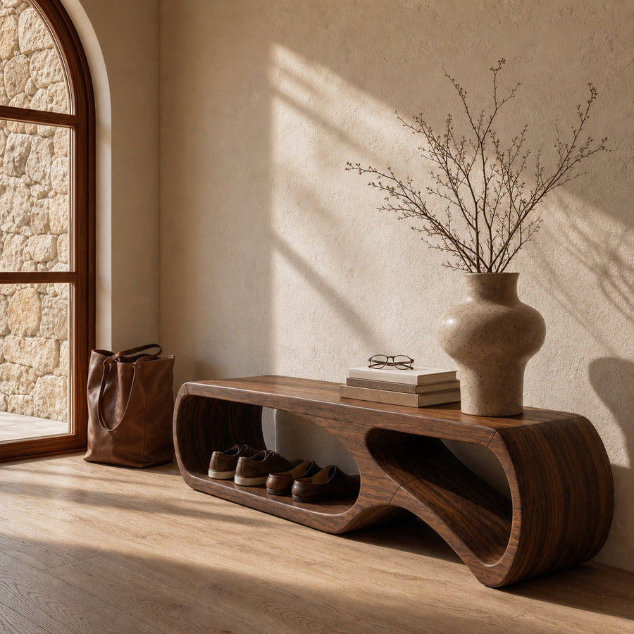 Sculptural Bench With Curved Open Storage Base For Entryway