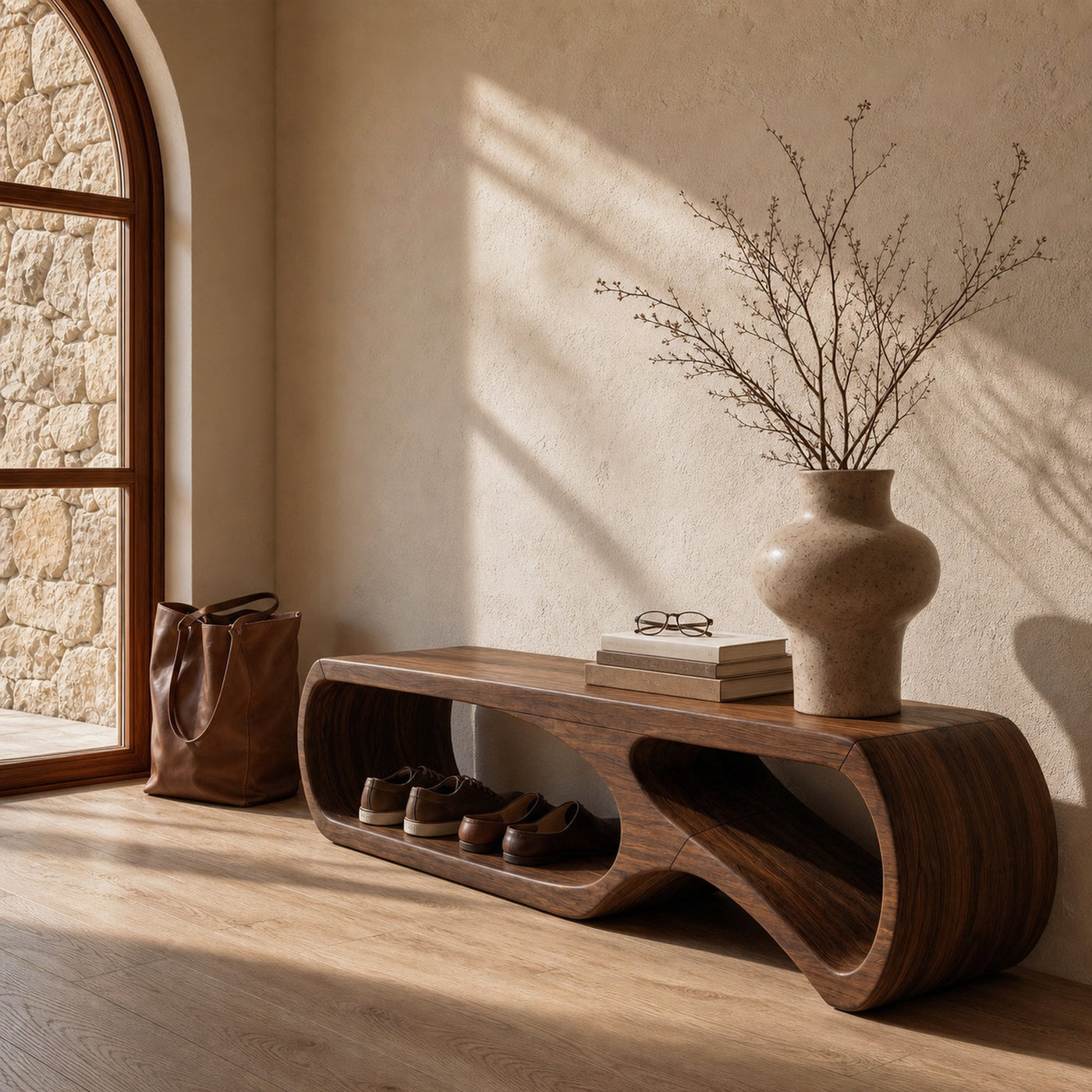 Sculptural Bench With Curved Open Storage Base For Entryway