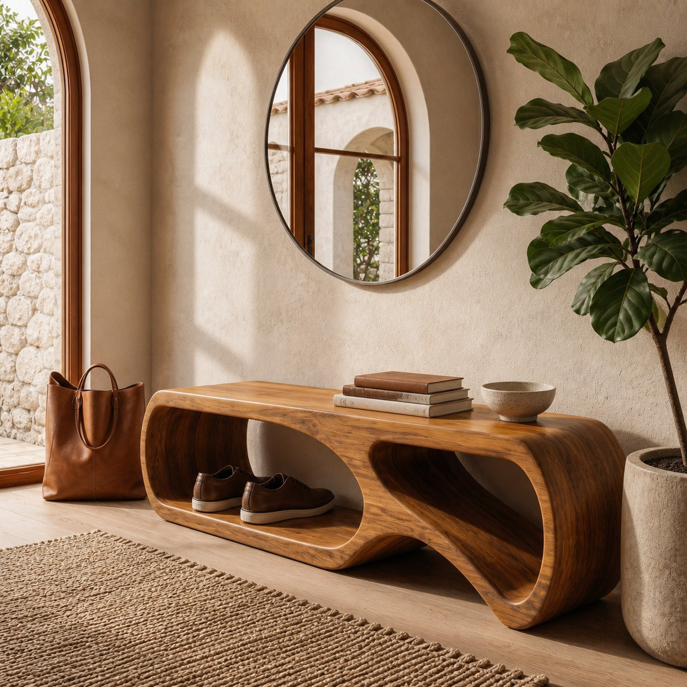 Sculptural Bench With Curved Open Storage Base For Entryway - product view 6
