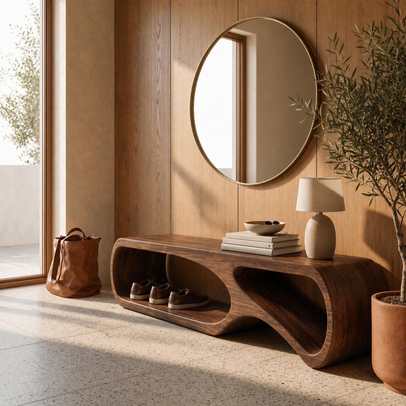 Sculptural Bench With Curved Open Storage Base For Entryway - product view 7