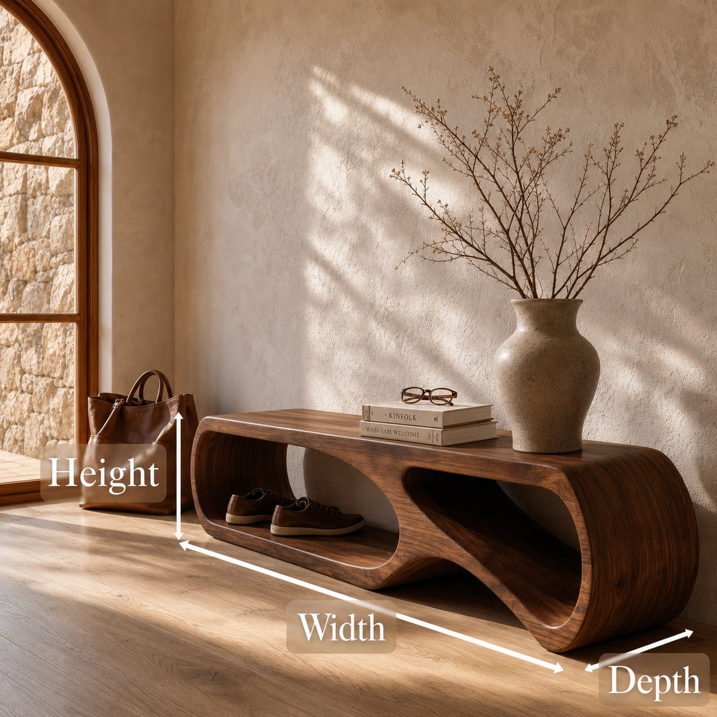 Sculptural Bench With Curved Open Storage Base For Entryway - product view 8