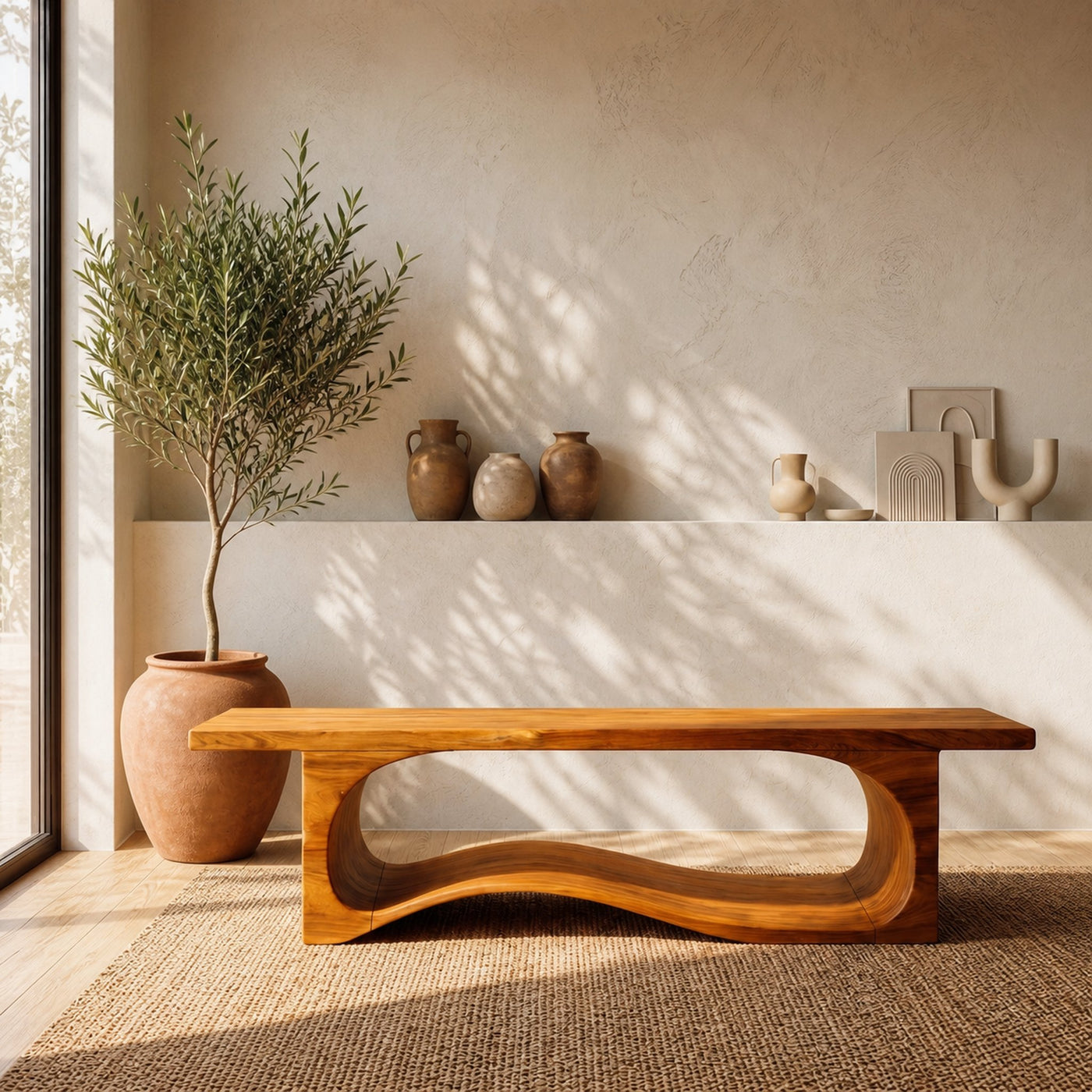 Sculptural Bench With Wave Design For Entryway