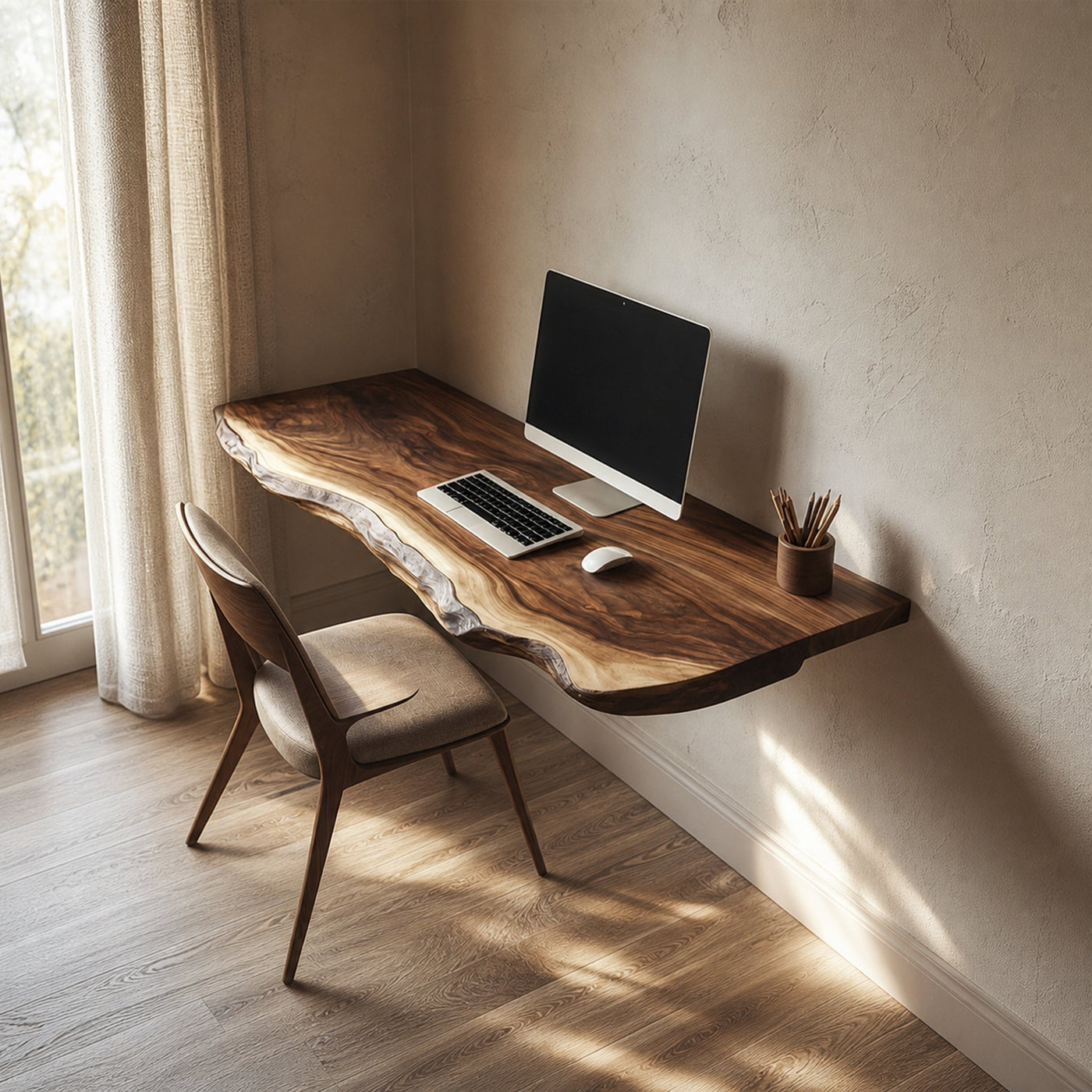 Sculptural Floating Work Desk Solid Wood Study Room Interior Statement Design