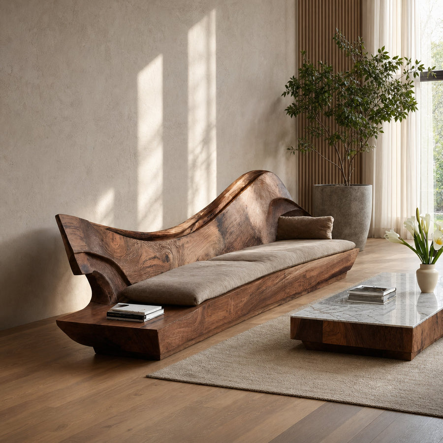 Sculptural Natural Wood Sofa With Organic Curved For Living Room