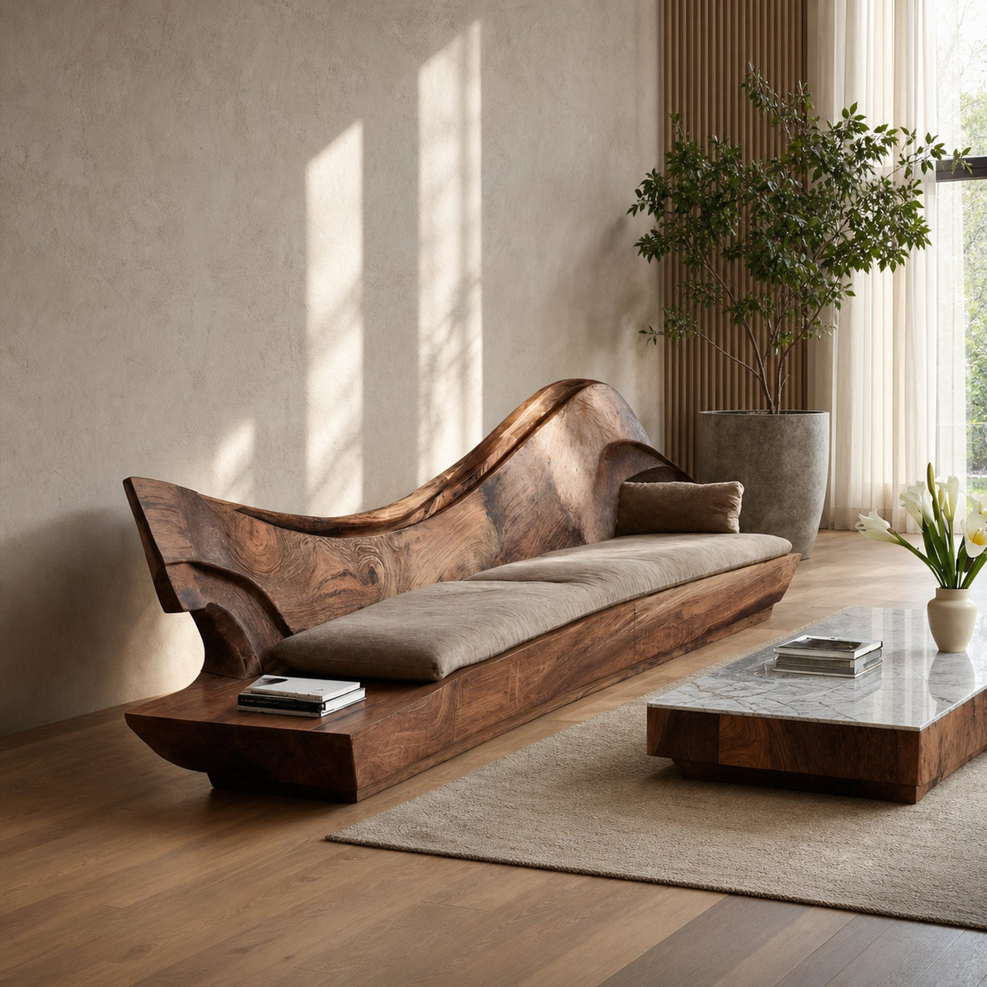 Sculptural Natural Wood Sofa With Organic Curved For Living Room