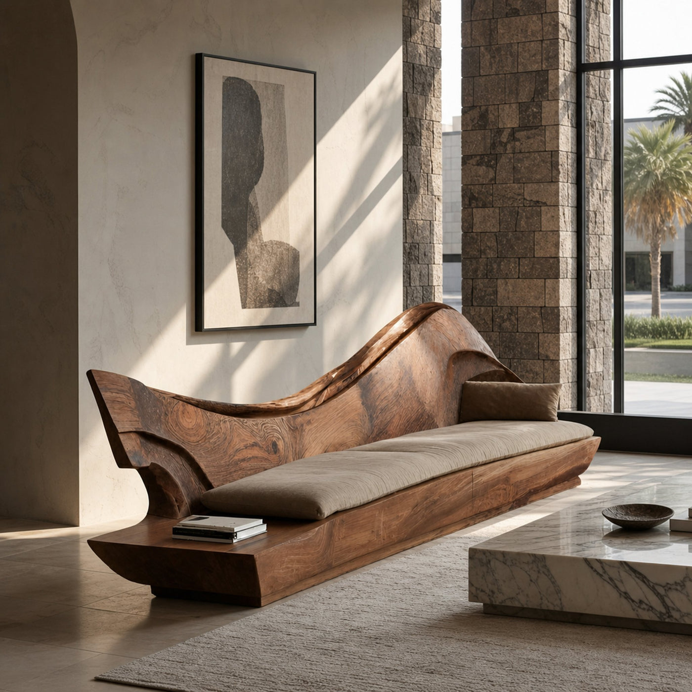 Sculptural Natural Wood Sofa With Organic Curved For Living Room - product view 6