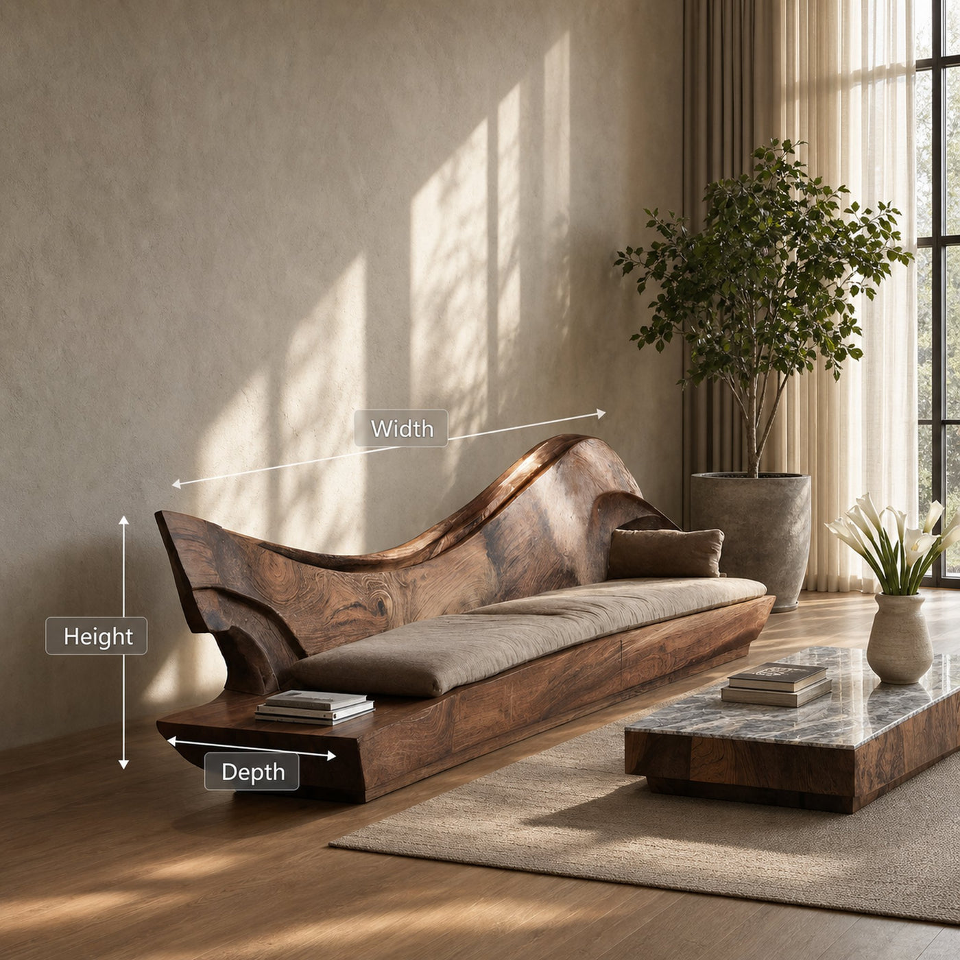 Sculptural Natural Wood Sofa With Organic Curved For Living Room - product view 8