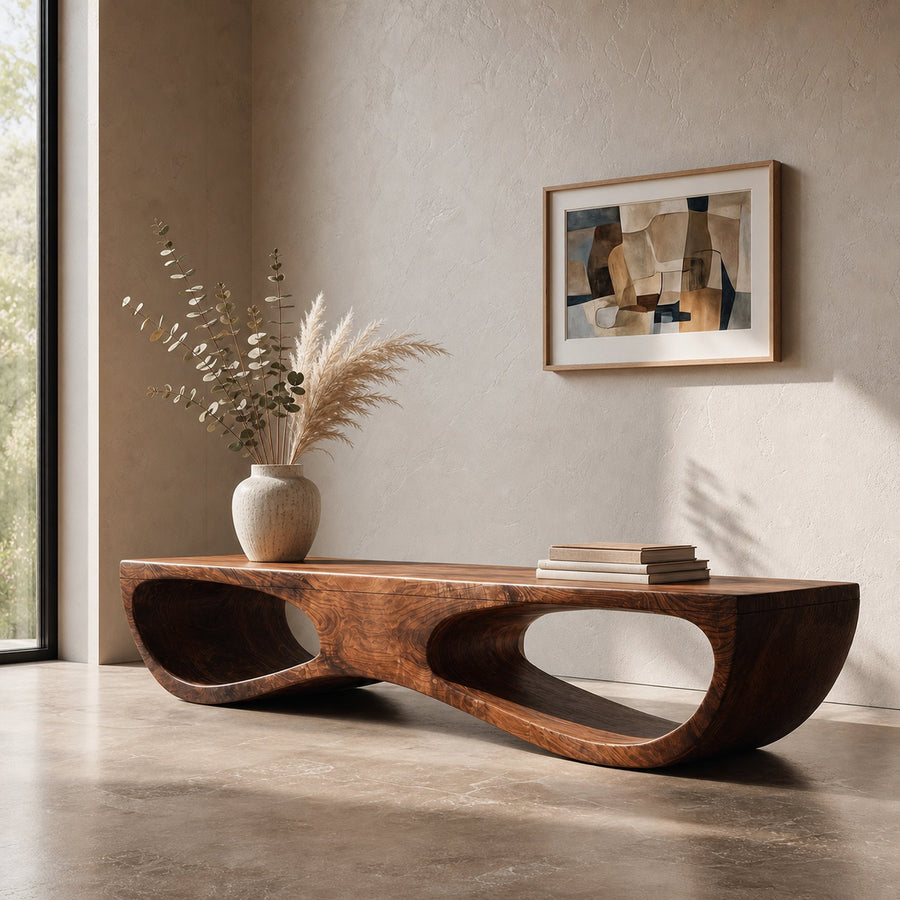 Sculptural Organic Wooden Bench For Entryway Hallway And Living Room