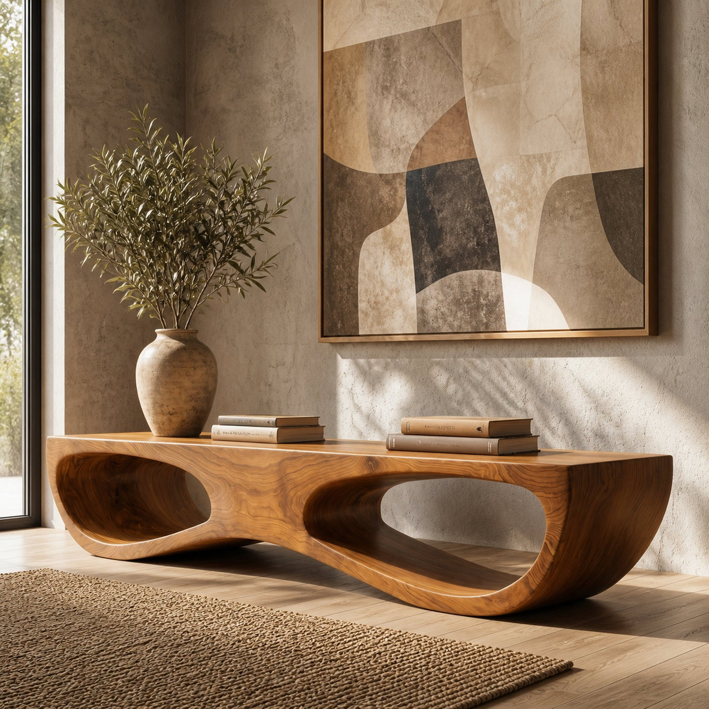 Sculptural Organic Wooden Bench For Entryway Hallway And Living Room - product view 6