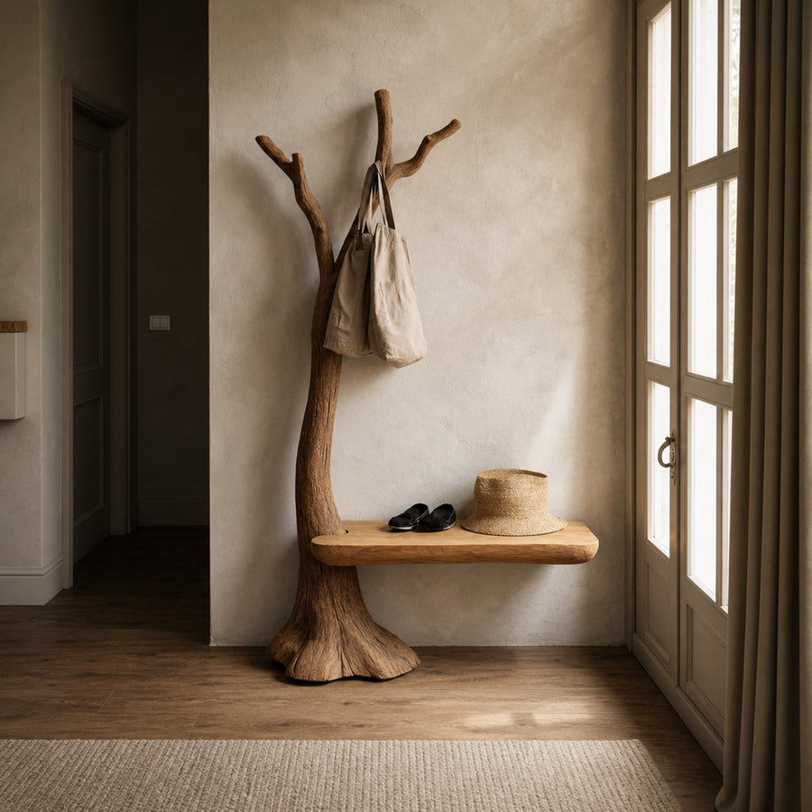 Sculptural Tree Coat Rack Bench Solid Wood Entryway Interior Minimal Storage