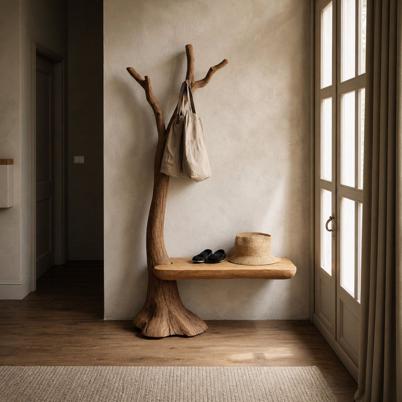 Sculptural Tree Coat Rack Bench Solid Wood Entryway Interior Minimal Storage