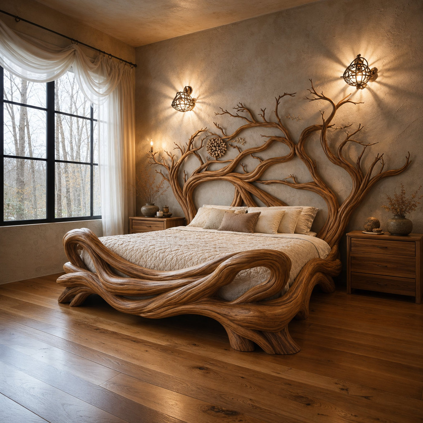 Sculptural Tree Inspired Wooden Shelf Organic Branch Design For Bedroom Interior