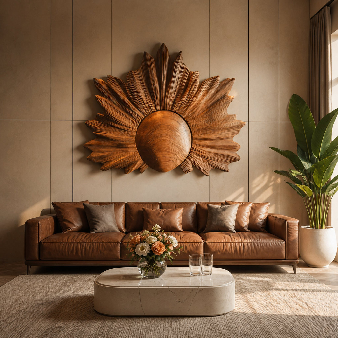 Sculptural Wall Art With Sunburst Carved Design For Living Room