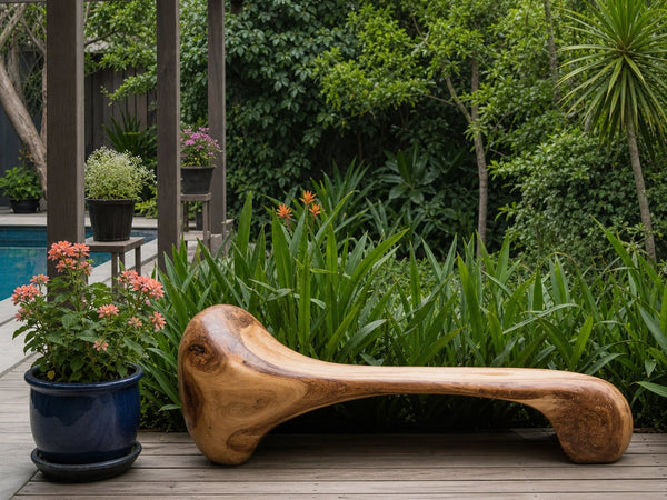 Sculptural Wood Bench For Garden Poolside Or Patio