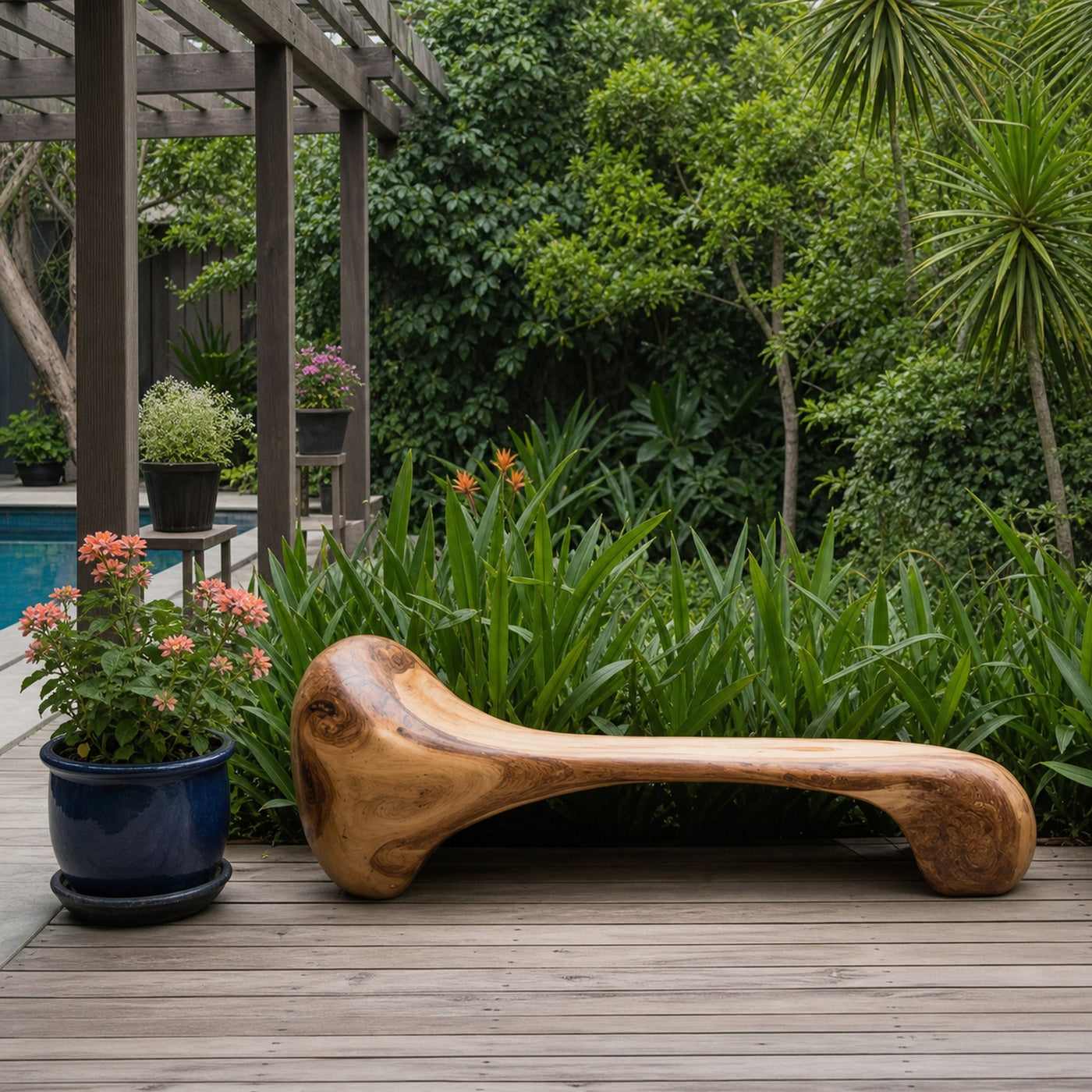 Sculptural Wood Bench For Garden Poolside Or Patio