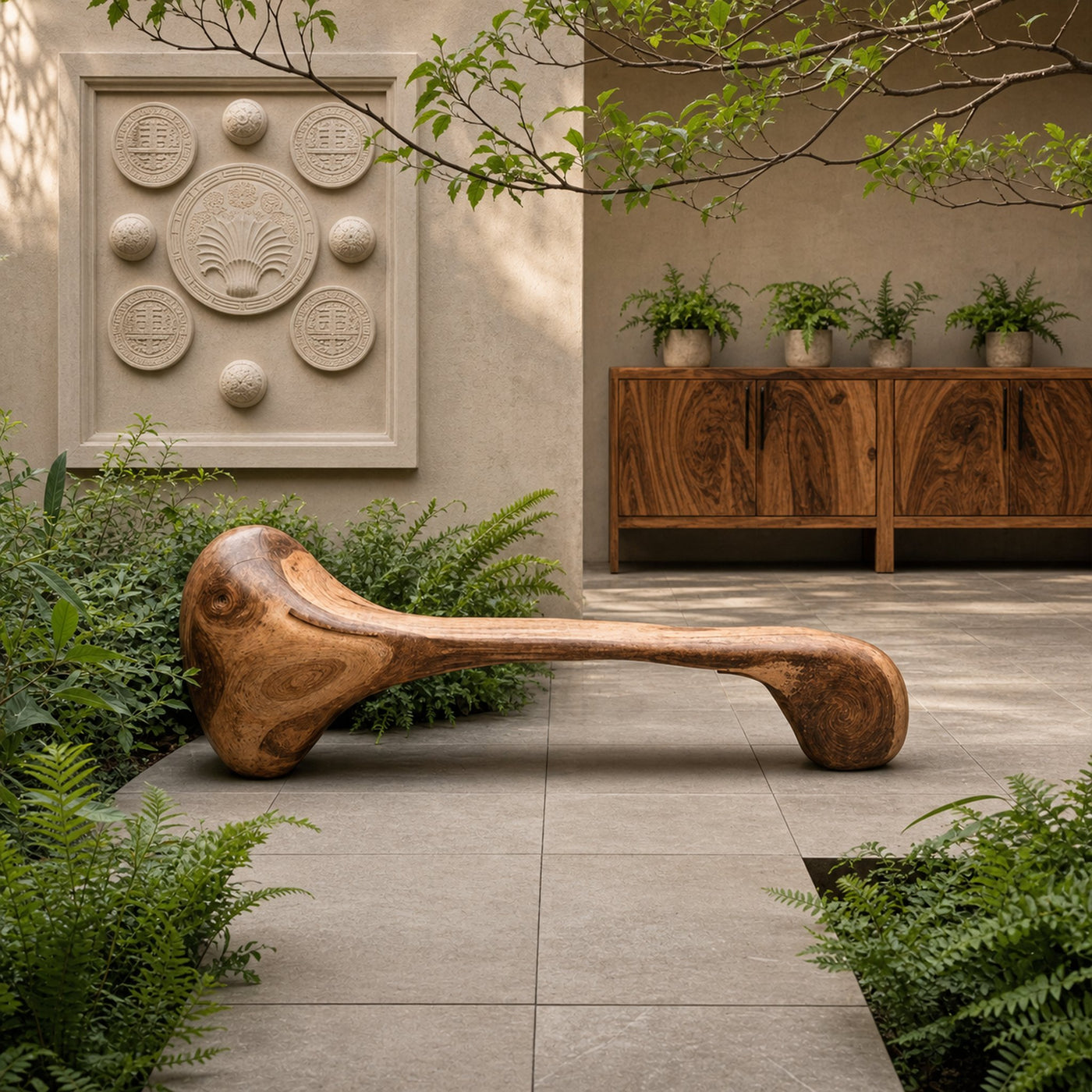 Sculptural Wood Bench For Garden Poolside Or Patio - product view 6