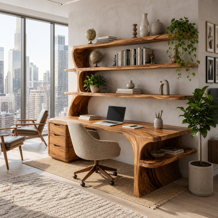 Sculptural Wood Desk With Curved Shelving And Drawer For Office
