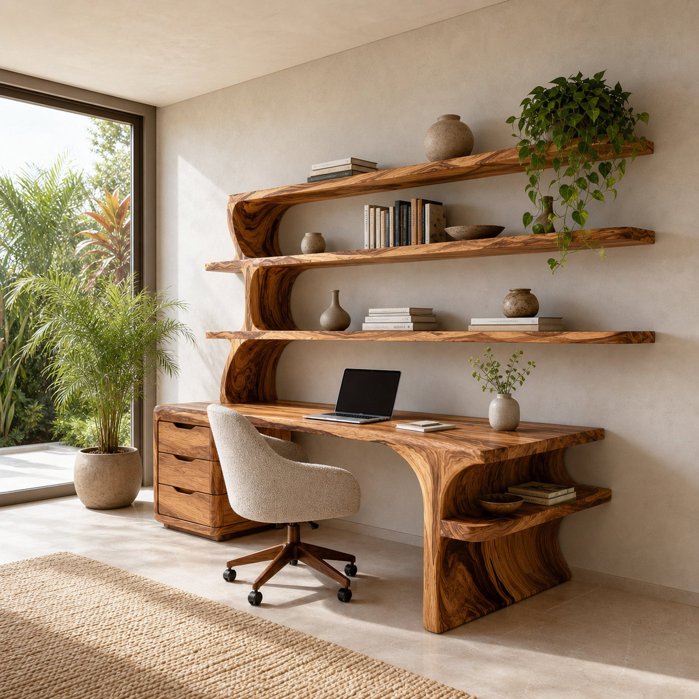 Sculptural Wood Desk With Curved Shelving And Drawer For Office - product view 6