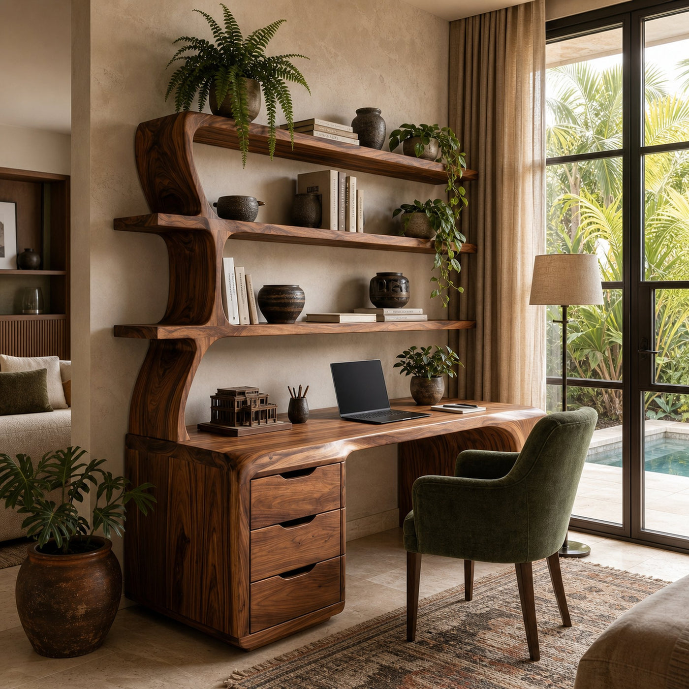 Sculptural Wood Desk With Curved Shelving And Drawer For Office - product view 7