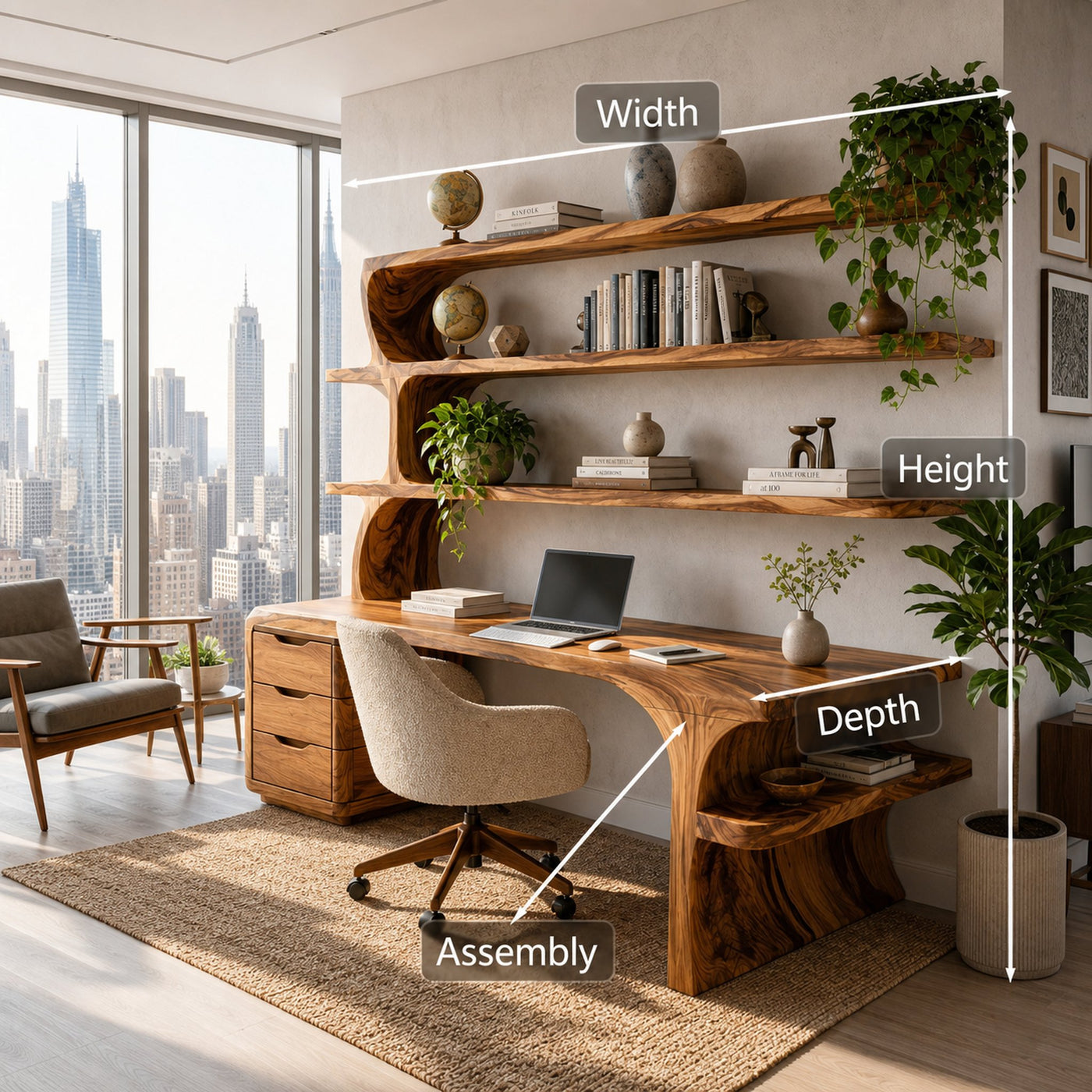 Sculptural Wood Desk With Curved Shelving And Drawer For Office - product view 8