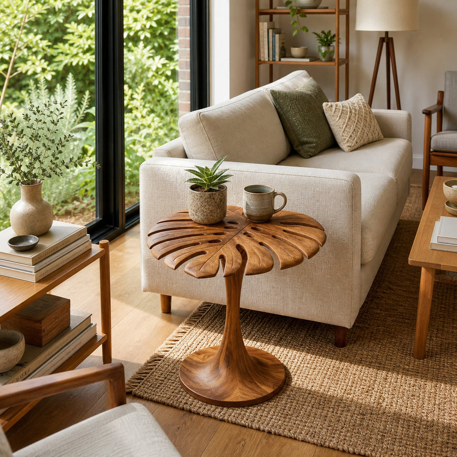 Sculptural Wood Side Table With Leaf Shape Top For Living