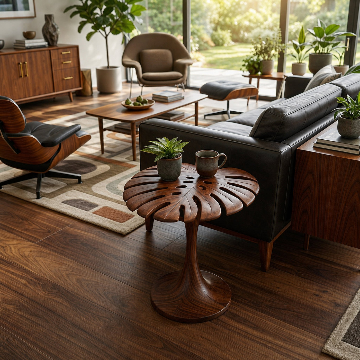 Sculptural Wood Side Table With Leaf Shape Top For Living - product view 7