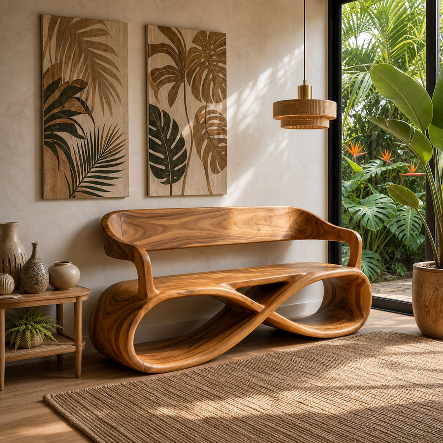 Sculptural Wooden Bench Modern Living Room