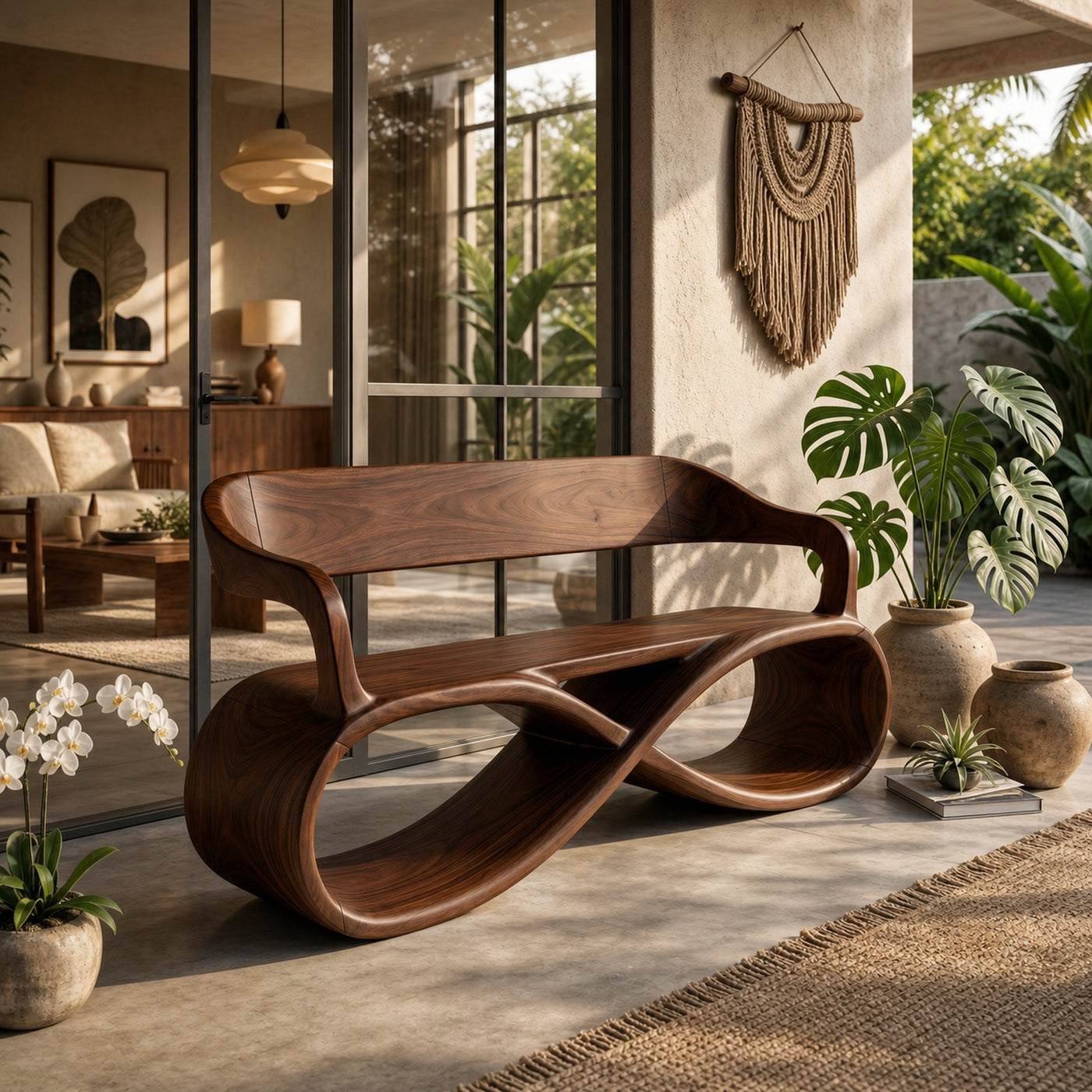 Sculptural Wooden Bench Modern Living Room - product view 6