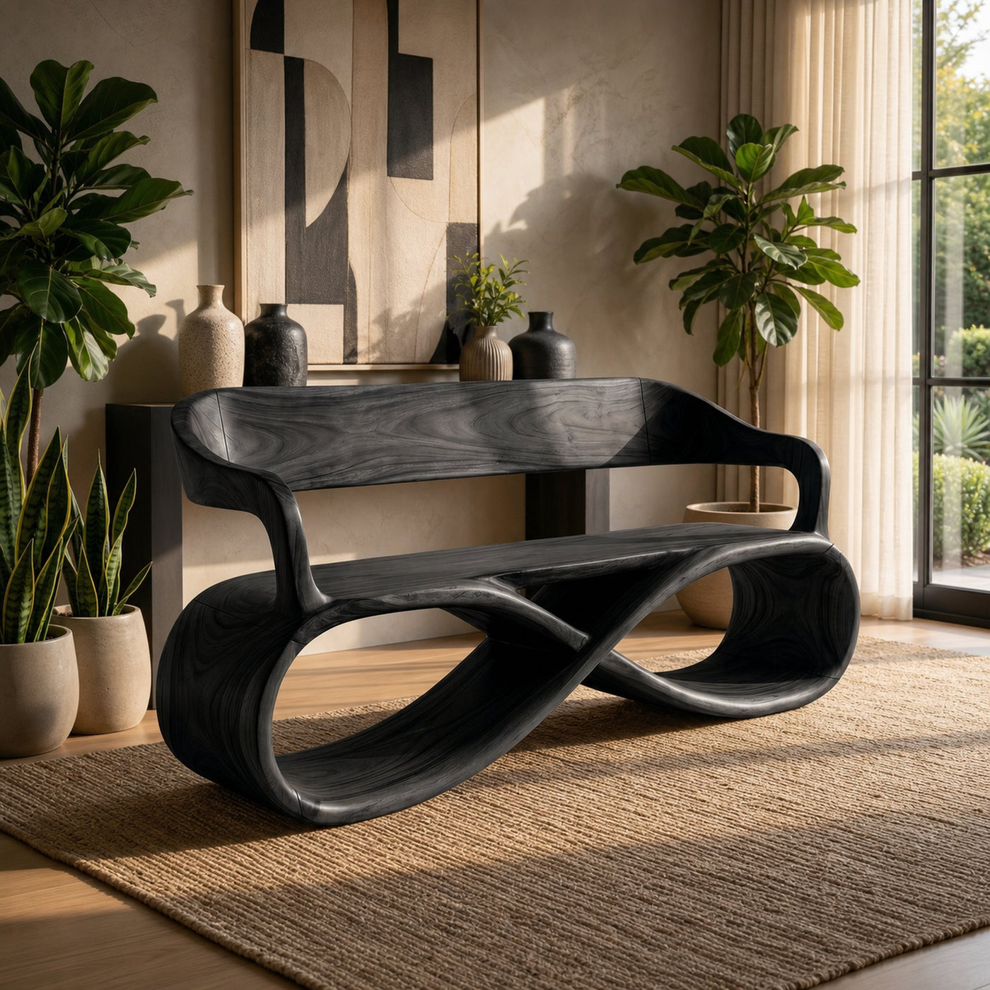 Sculptural Wooden Bench Modern Living Room - product view 7