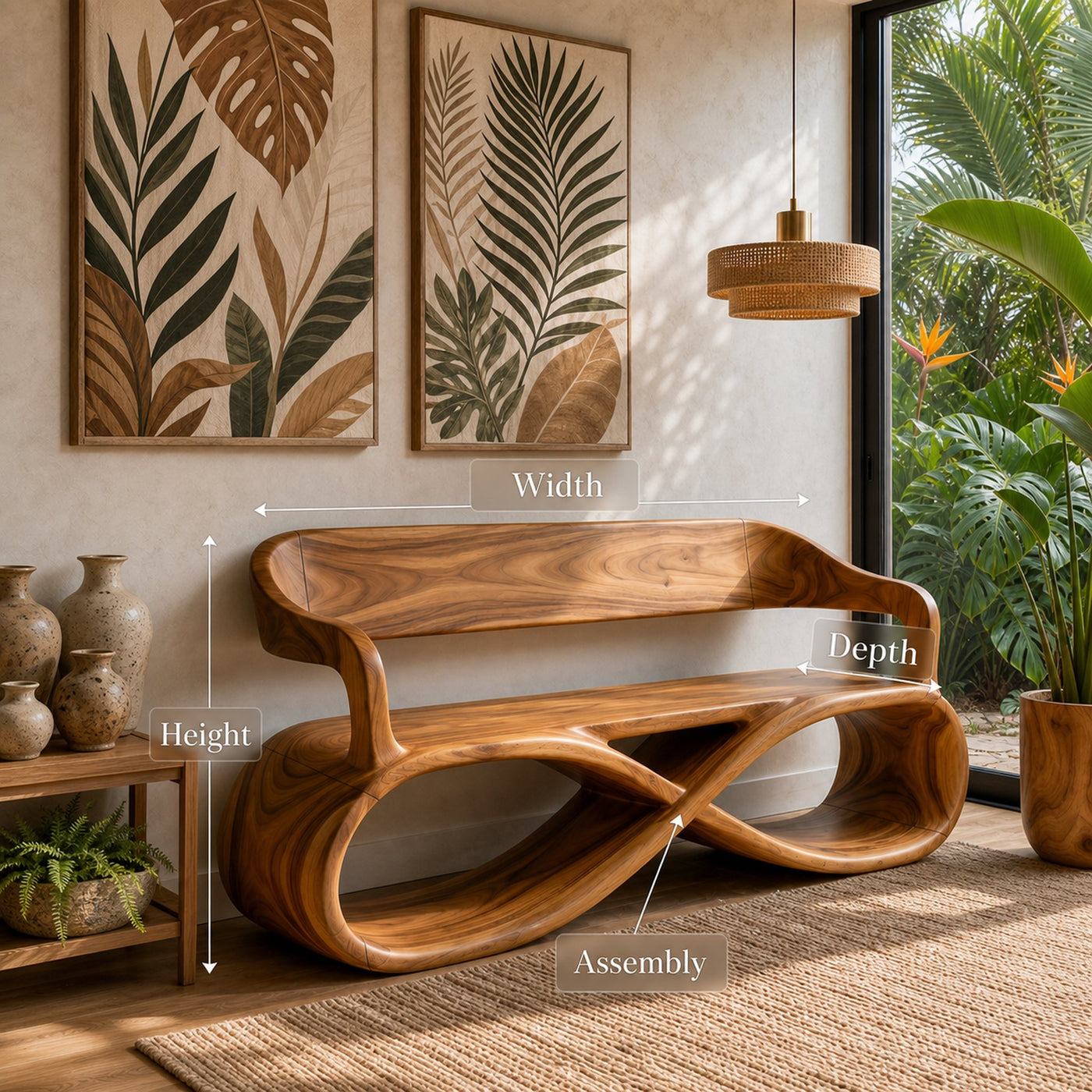 Sculptural Wooden Bench Modern Living Room - product view 8