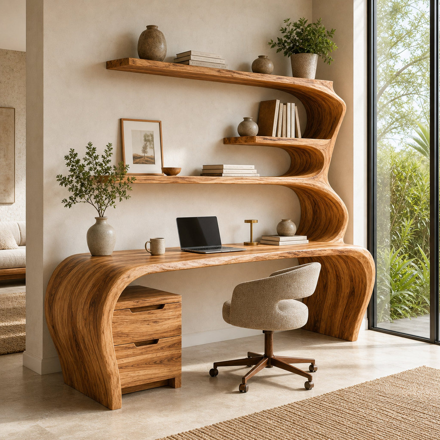 Sculptural Wooden Desk With Rounded Edges For Home Office