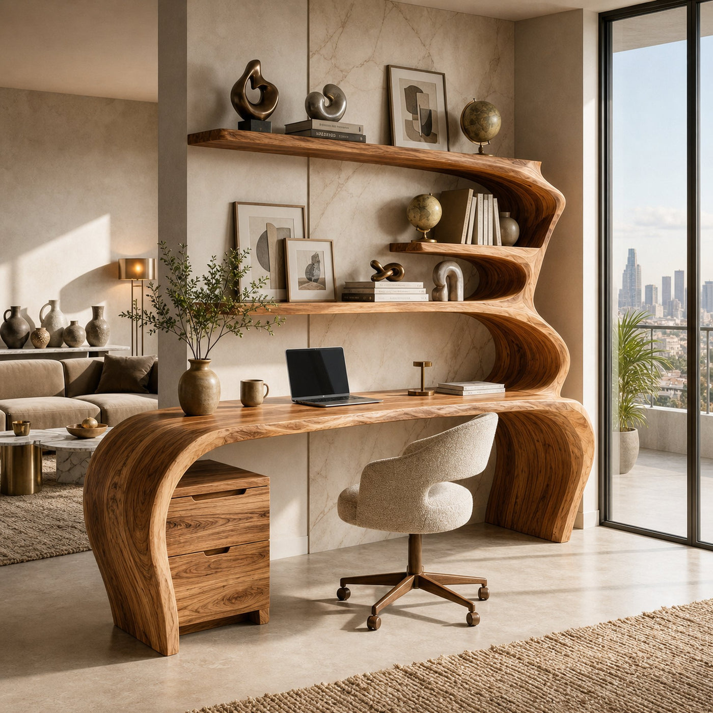 Sculptural Wooden Desk With Rounded Edges For Home Office - product view 6