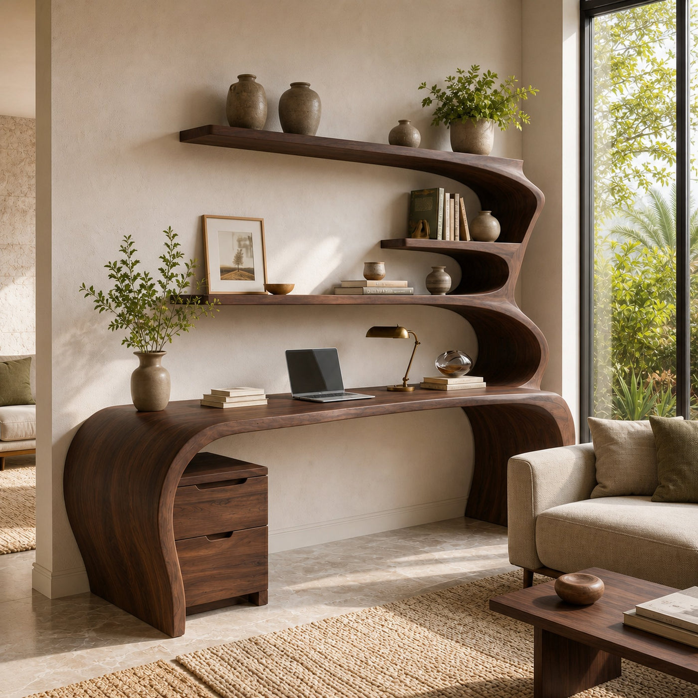 Sculptural Wooden Desk With Rounded Edges For Home Office - product view 7