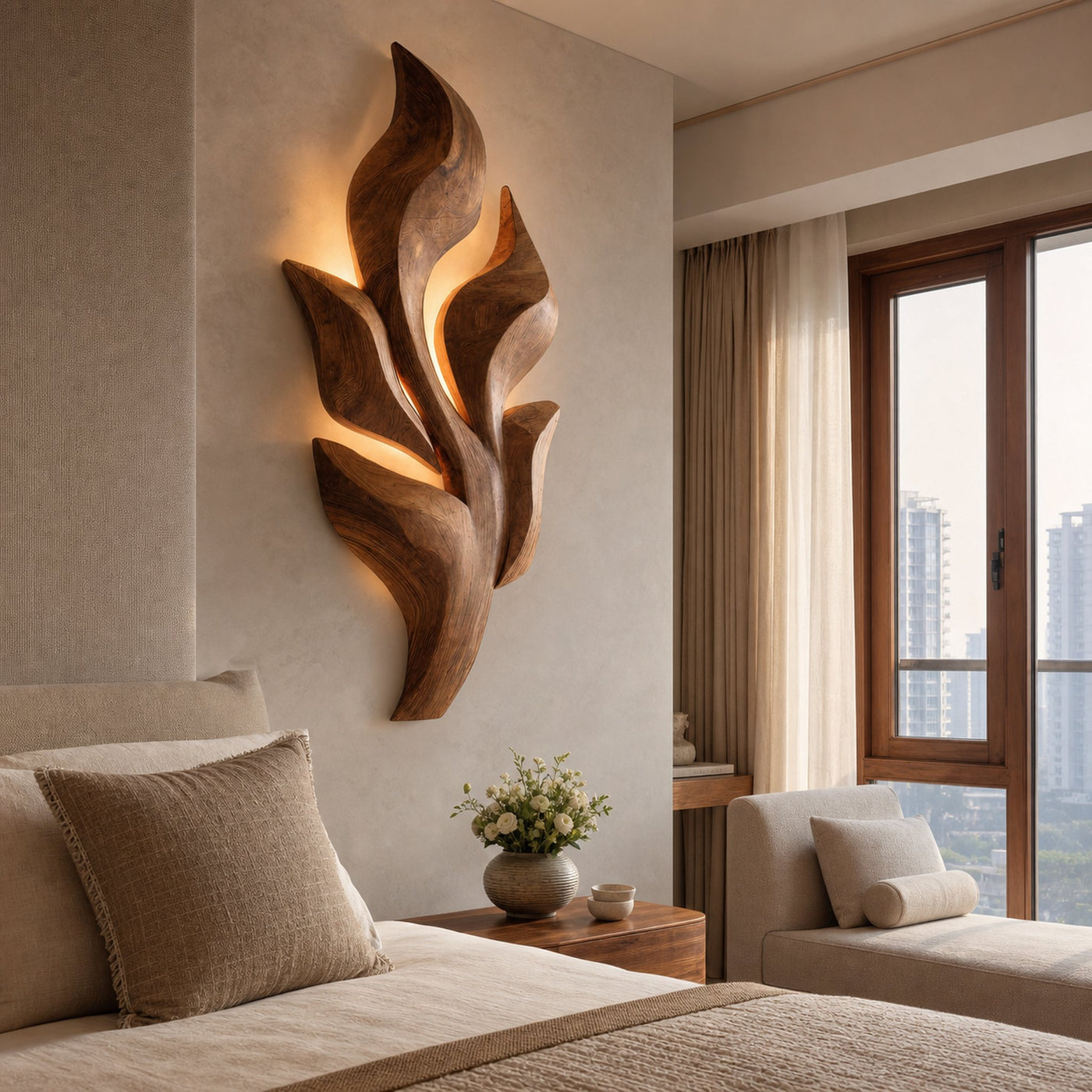 Sculptural Wooden Leaf Wall Lamp With Warm Light For Home