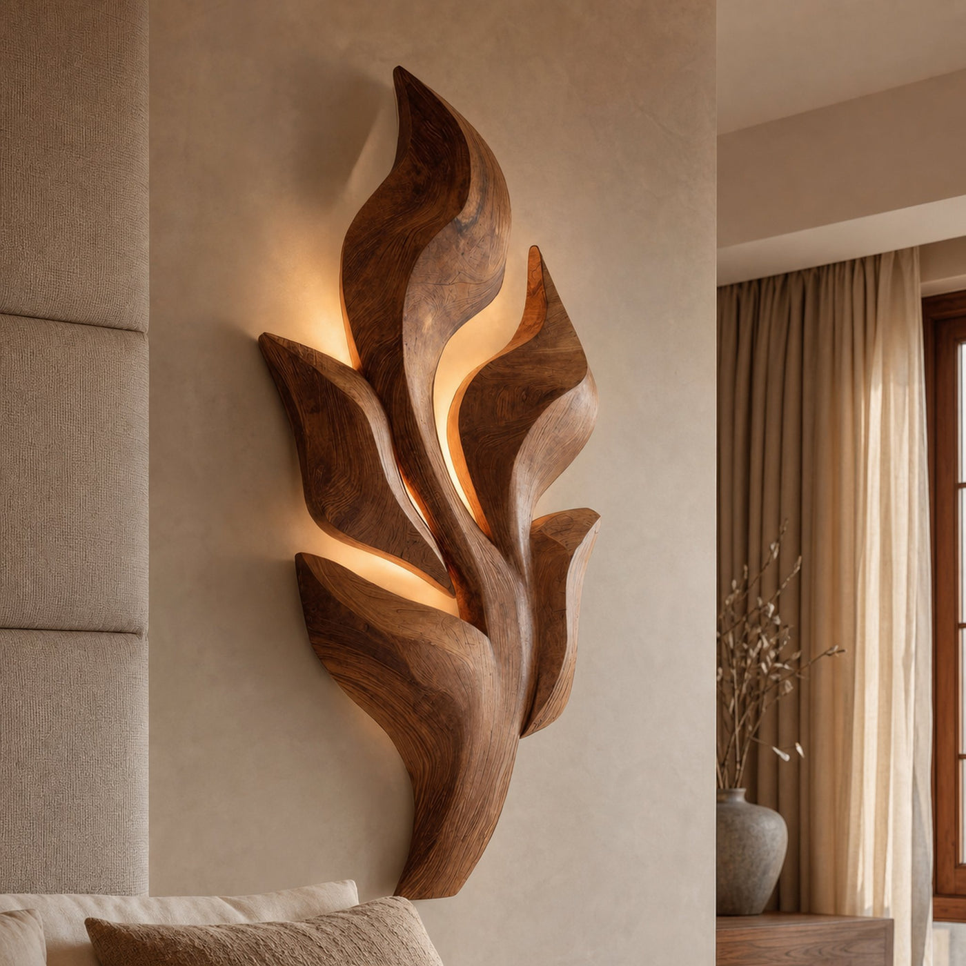 Sculptural Wooden Leaf Wall Lamp With Warm Light For Home - product view 6