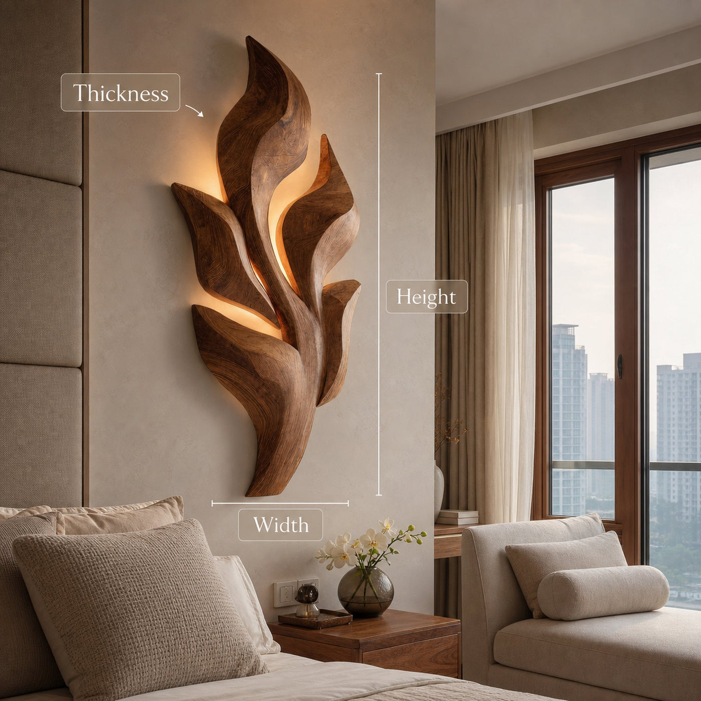 Sculptural Wooden Leaf Wall Lamp With Warm Light For Home - product view 7
