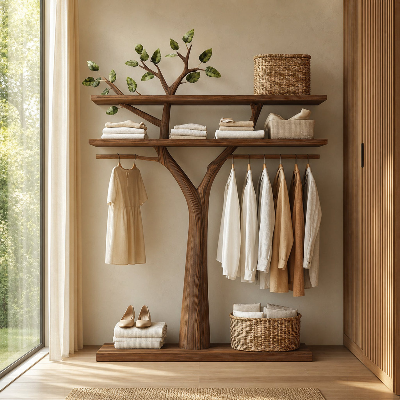 Sculptural Wooden Tree Clothing Rack Artistic Design Bedroom