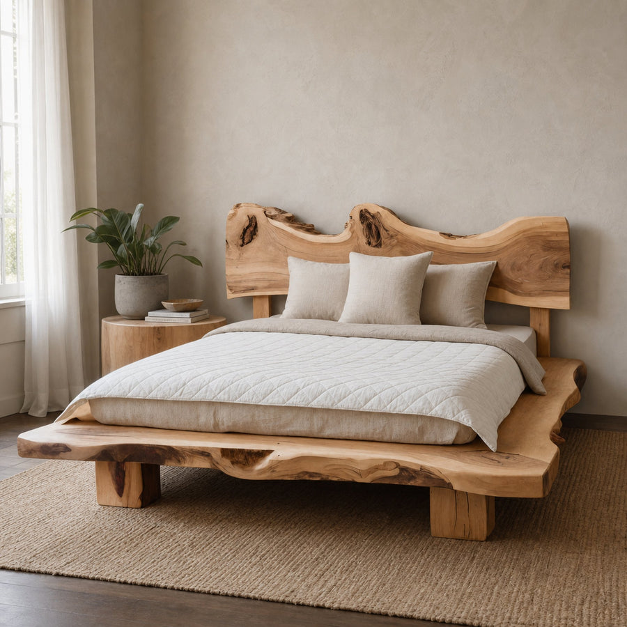 Solid Monkeypod Wood Bed Frame With Organic Headboard For Bedroom
