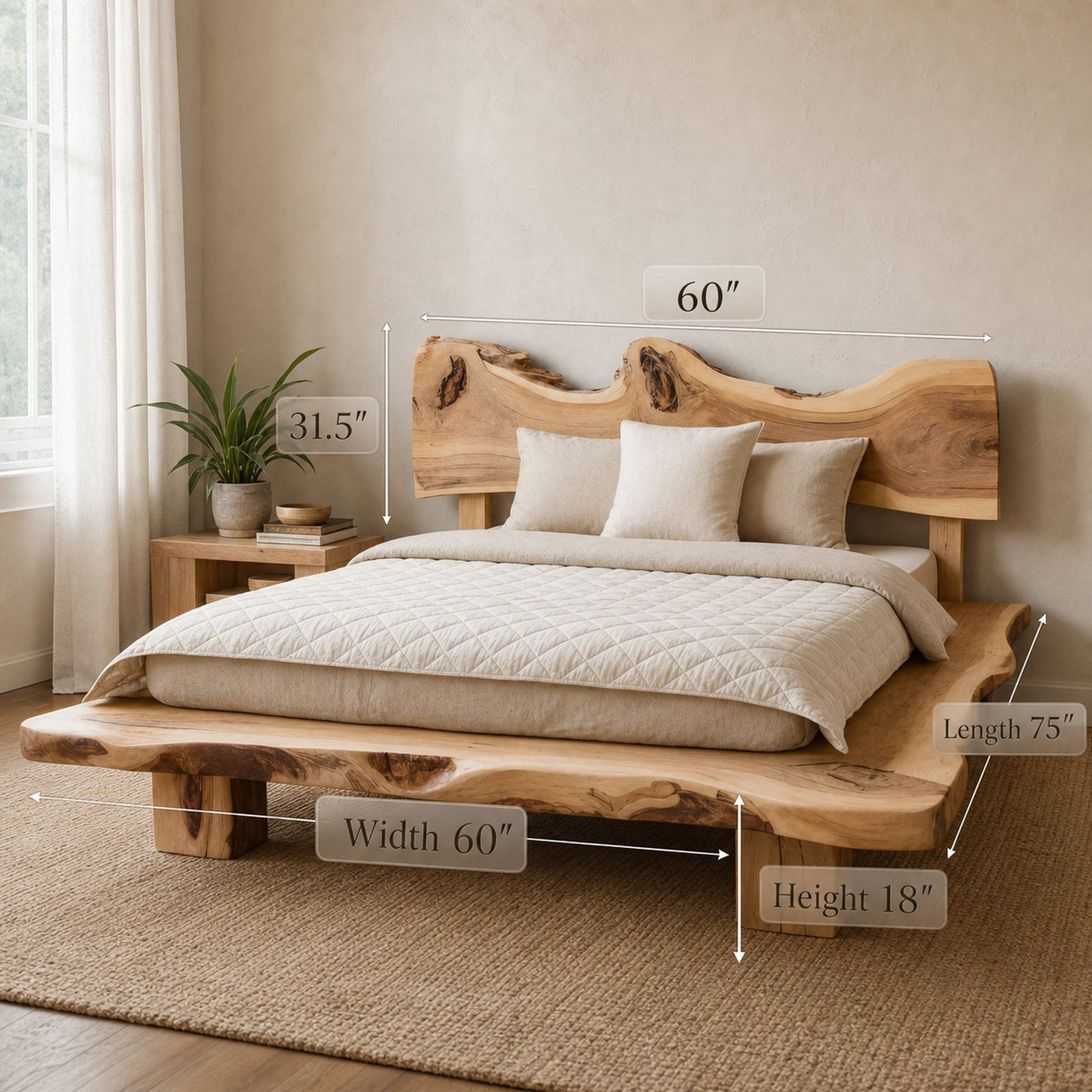 Solid Monkeypod Wood Bed Frame With Organic Headboard For Bedroom - product view 6