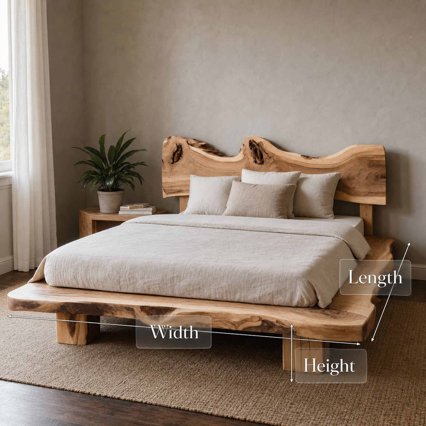 Solid Monkeypod Wood Bed Frame With Organic Headboard For Bedroom - product view 7