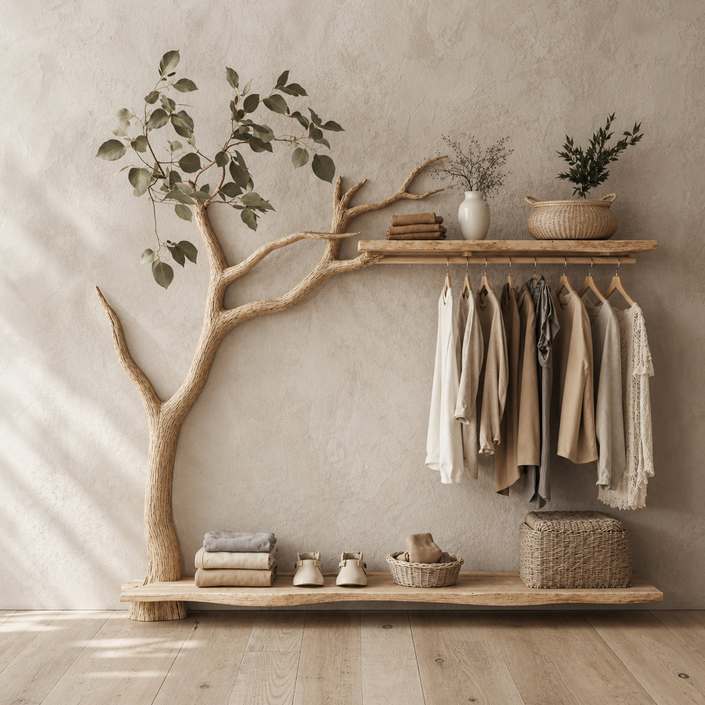 Solid Wood Coat Hanger Stand Coat Rack With Shelf Decorative Hooks