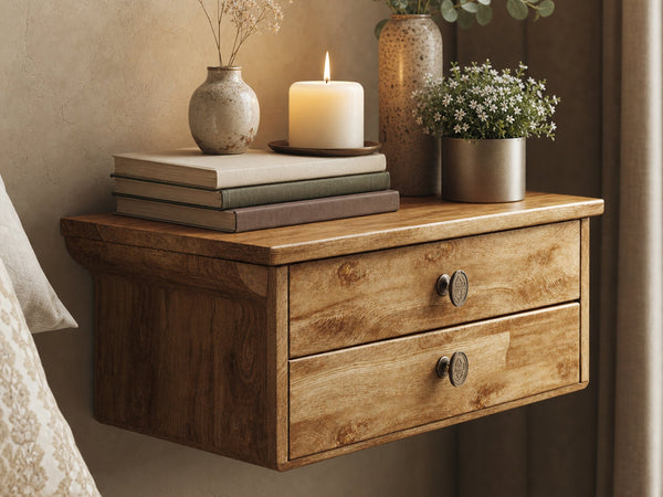 Solid Wood Rustic Nightstand With 2 Drawers