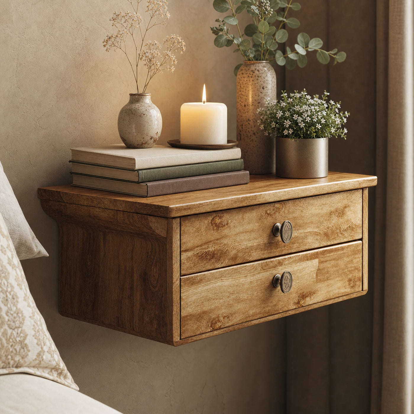 Solid Wood Rustic Nightstand With 2 Drawers