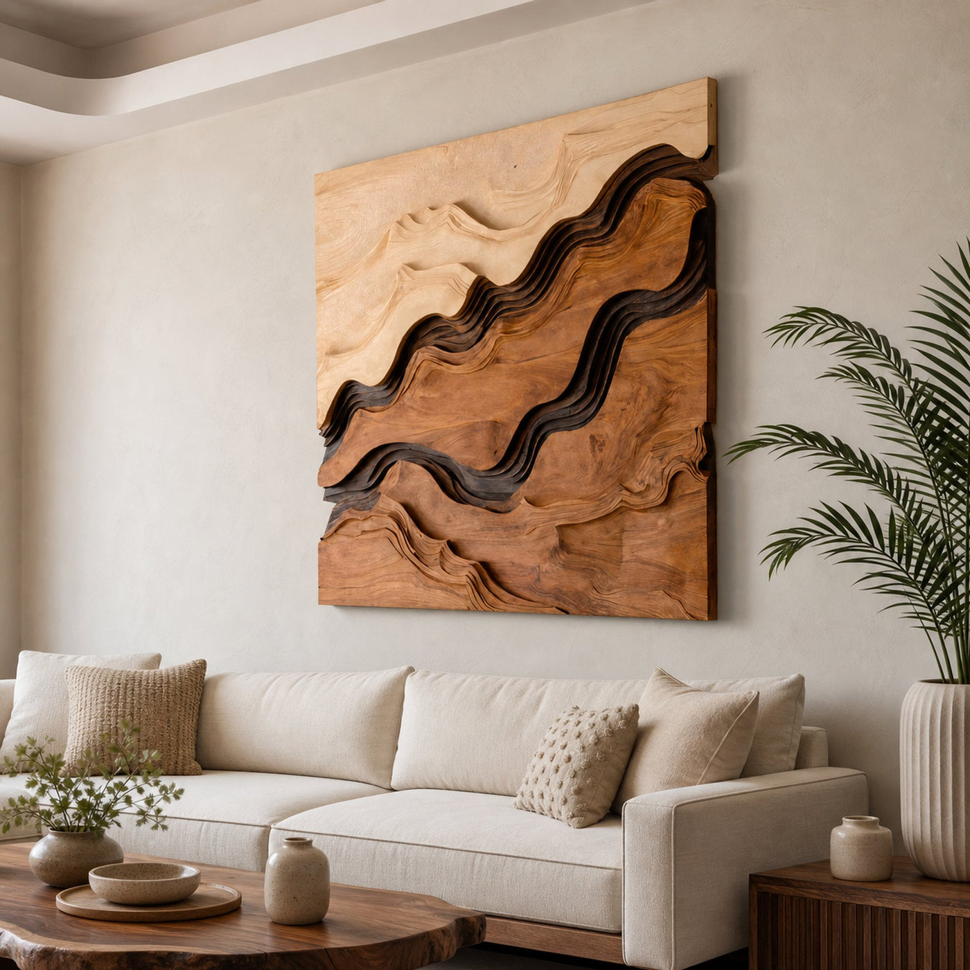 Square Sculptural Wall Art With Layered Wave Pattern For Living Room