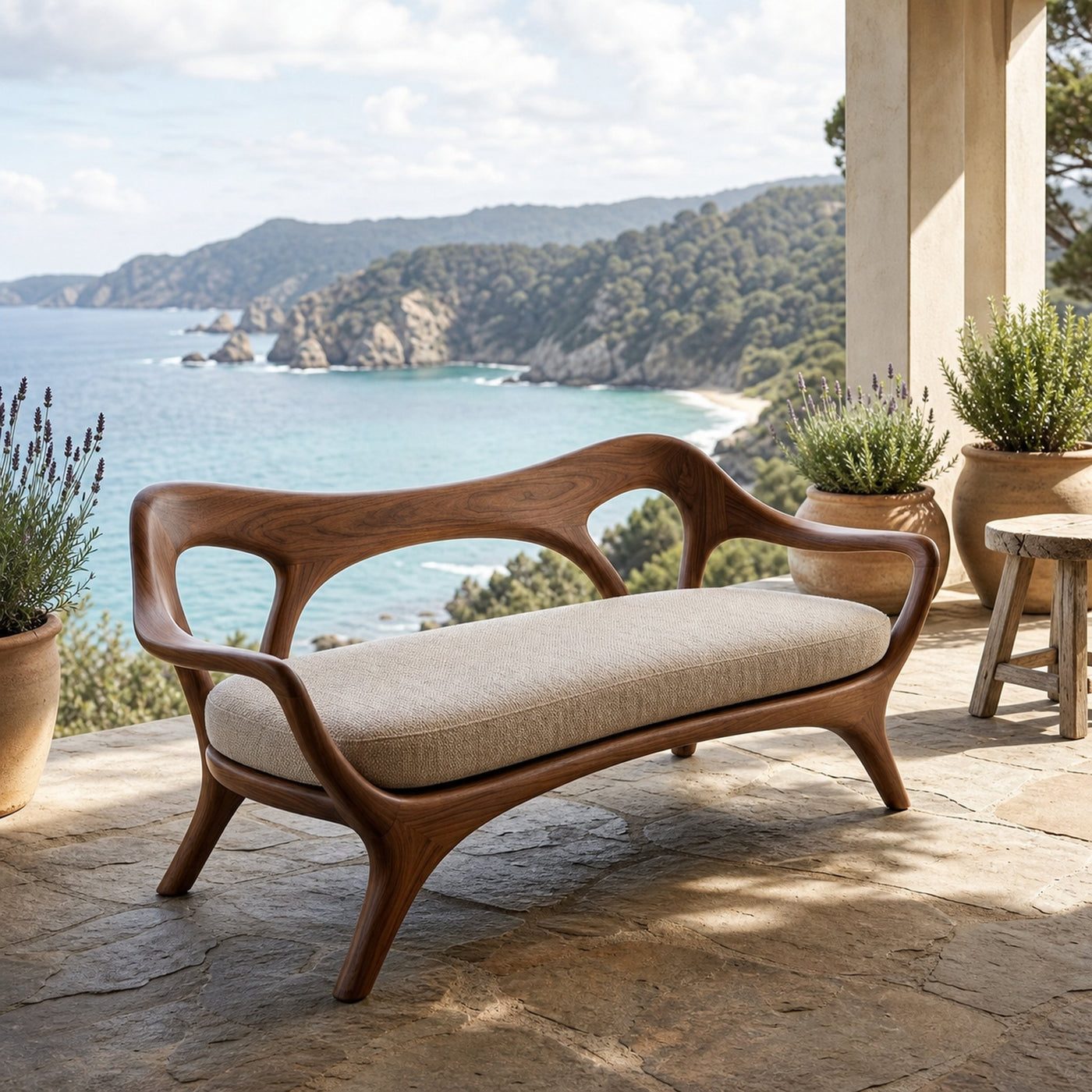 Statement Wooden Sofa With Curved Backrest For Living Decor