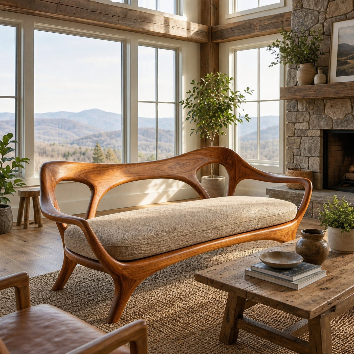 Statement Wooden Sofa With Curved Backrest For Living Decor - product view 6
