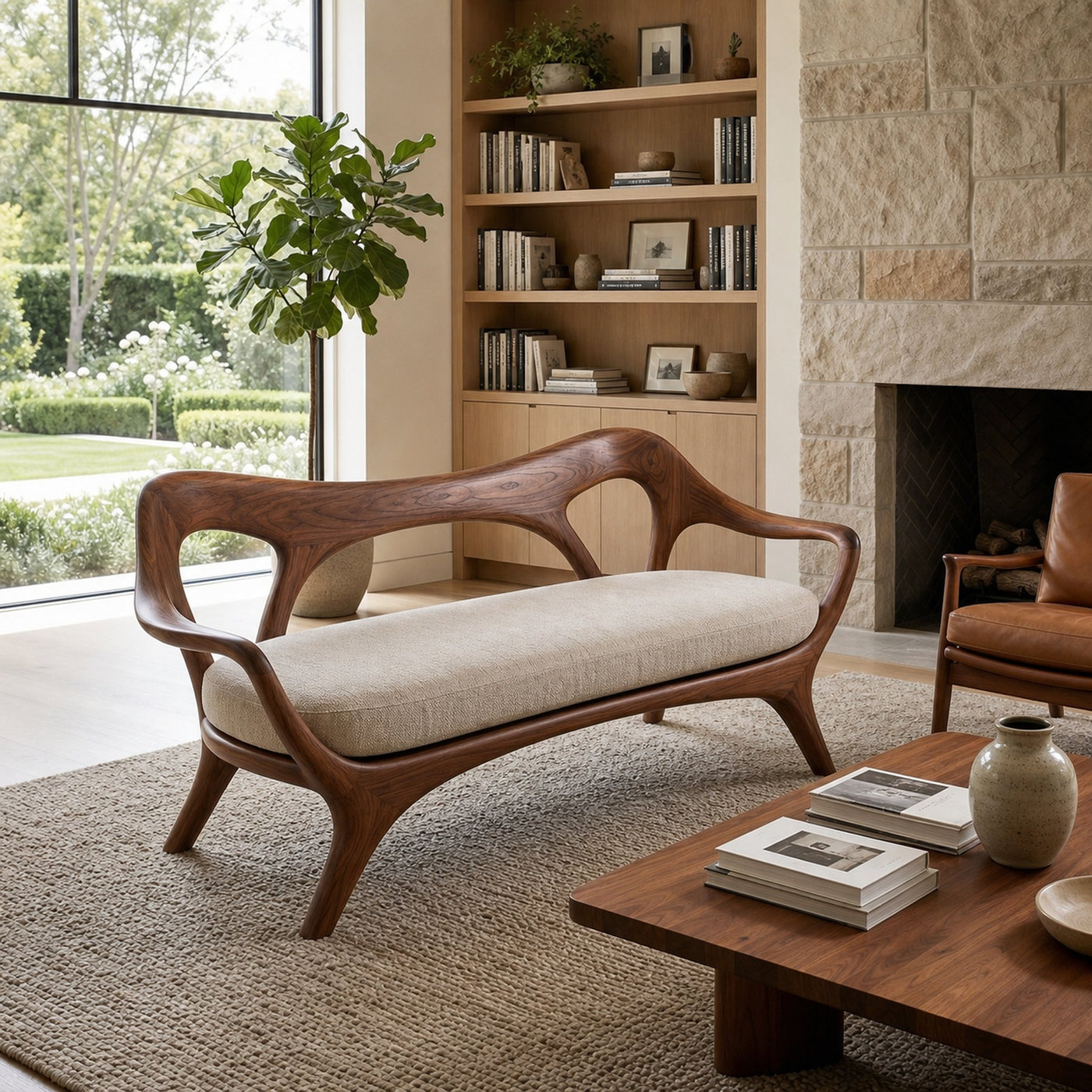 Statement Wooden Sofa With Curved Backrest For Living Decor - product view 7