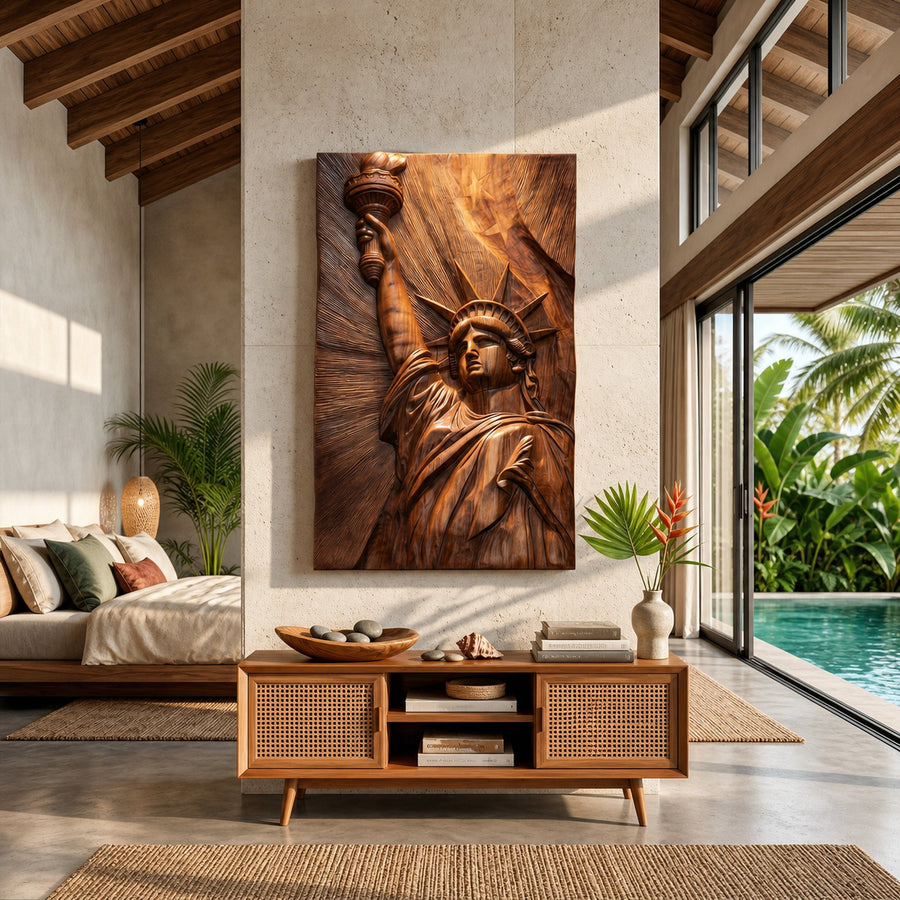 Tropical Liberty Statue Wood Wall Art Luxury Resort Bedroom Decor