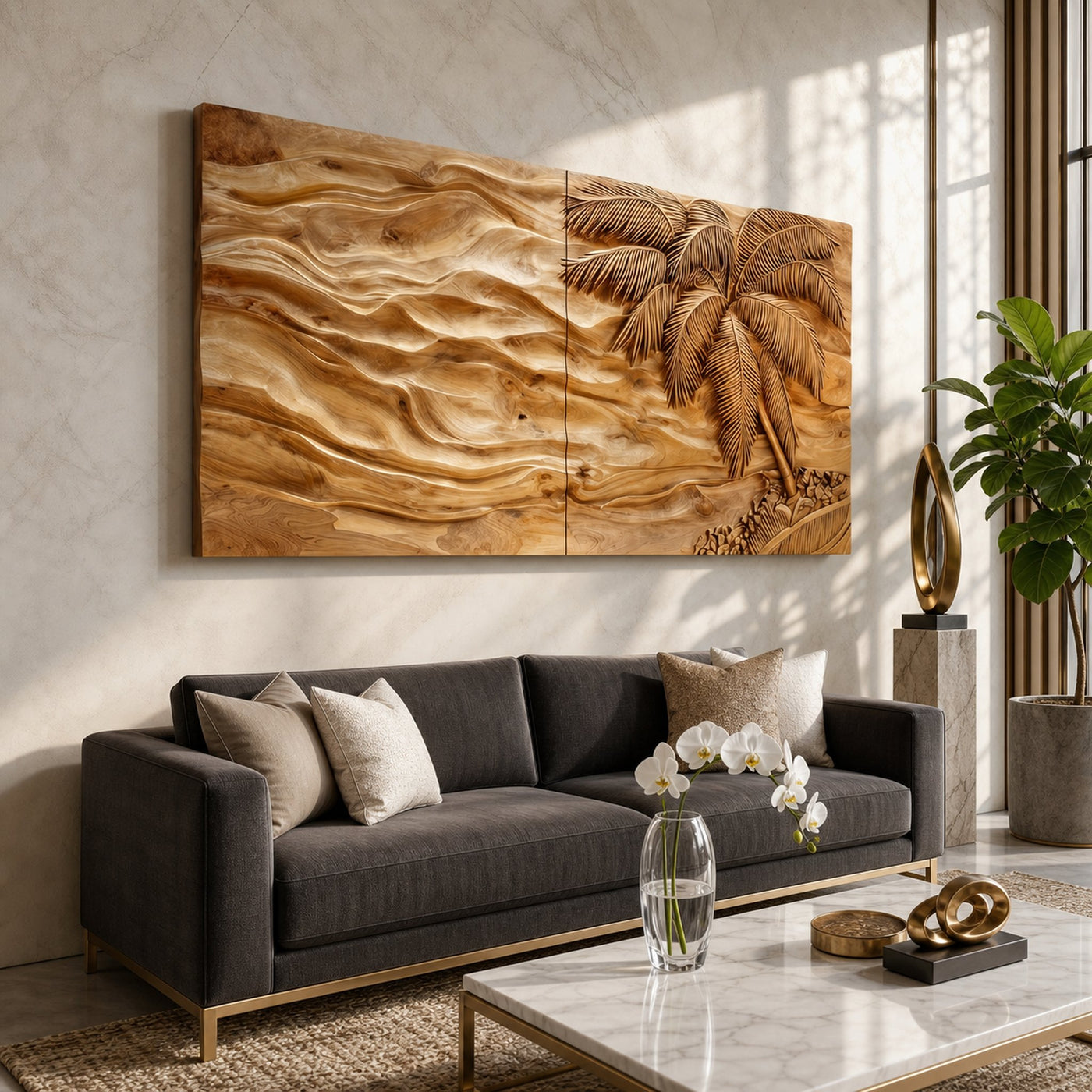 Tropical Modern Palm Wood Wall Art Neutral Living Room Decor