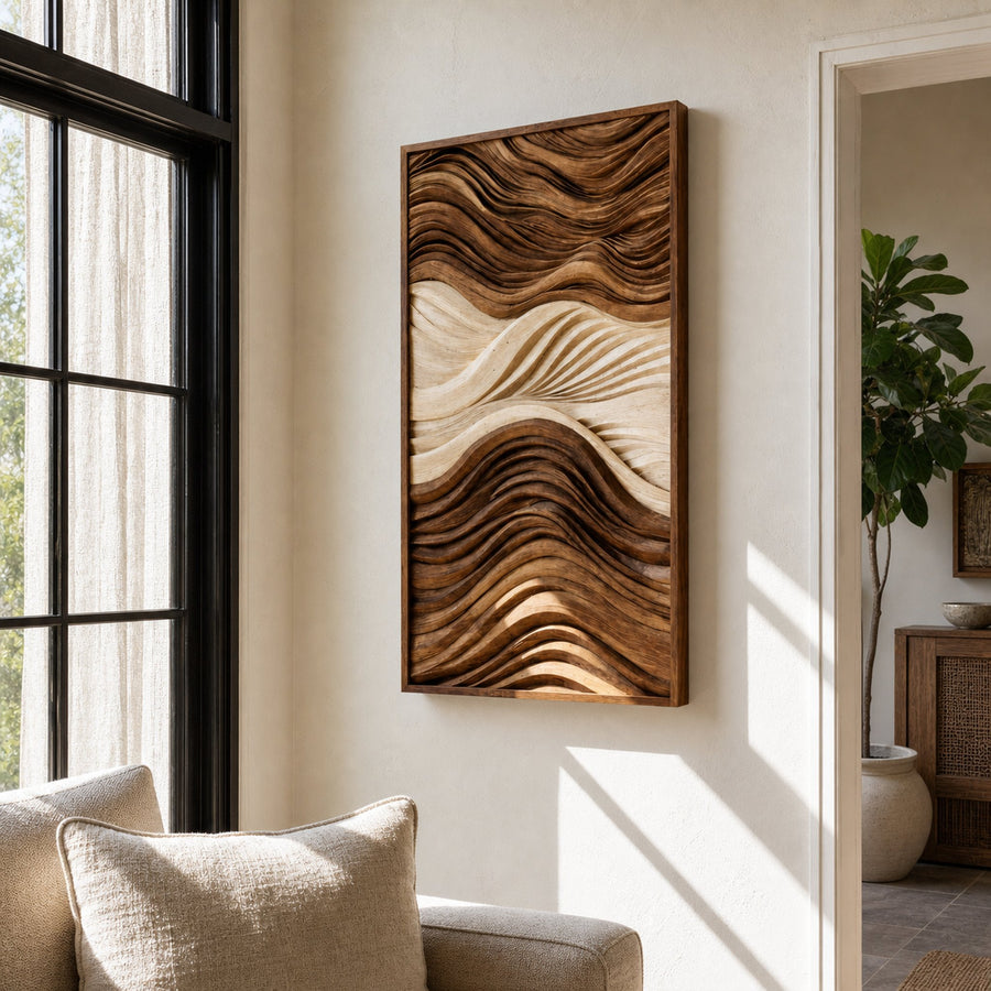 Vertical Sculptural Wall Art With Wave Carved Design For Entryway